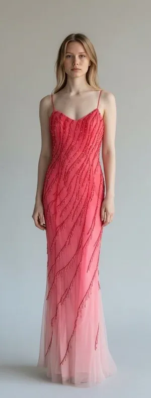 Vintage Y2K Maxi Gown Womens Pink Ombre Beaded Sequin thumbnail 1