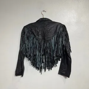 Vintage Black Leather Western Moto Fringe Cropped Jacket Sz M thumbnail 9