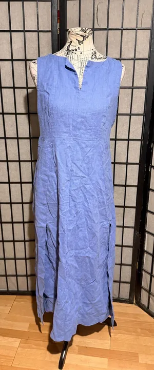 Harve Benard Vintage Linen periwinkle sleeveless V-neck side slits Sz M Maxi Dress Light Blue coastal minimalist thumbnail 1