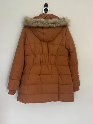 St. John’s Bay Puffer Coat – Women’s L – Cognac Brown – Faux Fur Hood – Quilted Winter Jacket thumbnail 2