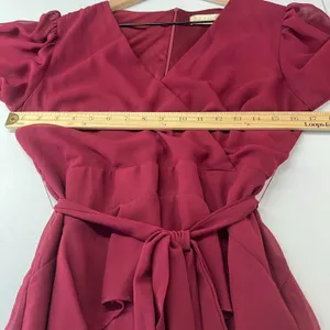 Altar'd State Mini Dress Womens M Red Tie Waist Balloon Sleeve Ruffle Wrap Front thumbnail 13