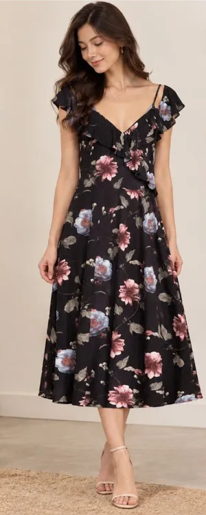 Soprano Black Floral Ruffle Midi Dress Size-Small Feminine Vintage-Inspired thumbnail 1
