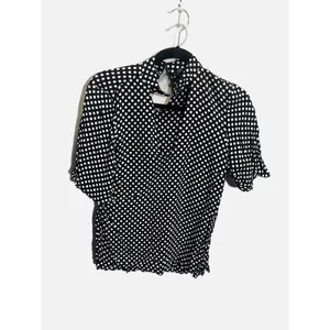 Zara Polka Dot Blouse Womens XS Black White Mock Neck Ruffle Short Sleeve Retro‎ thumbnail 2