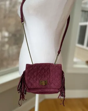 Art Class Burgundy Quilted Faux Suede Fringe Mini Bag Purse Crossbody thumbnail 3