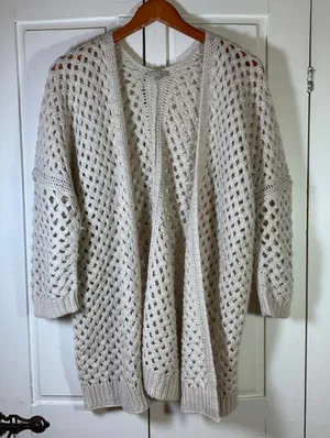 Joan Vass Studio Cream Wool Alpaca Basketweave Knit Open Cardigan‎ Large READ thumbnail 1
