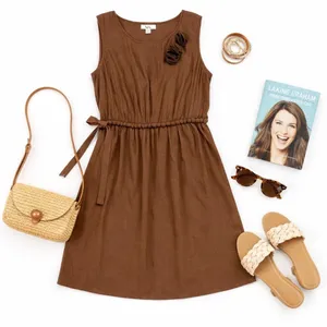 YA Los Angeles Bronze Brown Rosette Shoulder Mini Dress Medium Elastic Waist Tie thumbnail 5