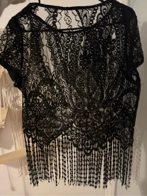 SHEIN Black Lace Fringe Overlay Top thumbnail 2