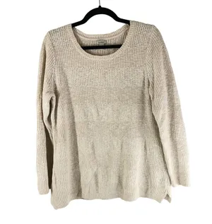 LL Bean Womens Sweater Cotton Chunky Ribbed Knit Scoop Neck Ivory L thumbnail 1
