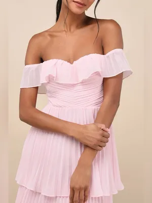 NEW Lulu’s Always Remarkable Pleated Tiered Off Shoulder Maxi Dress in Pink thumbnail 3