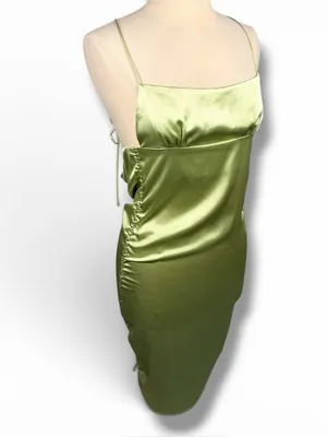 PRINCESS POLLY Chartreuse Satin‎ Tie Shoulder Straps Ruched Mini Dress, Size 4 thumbnail 4