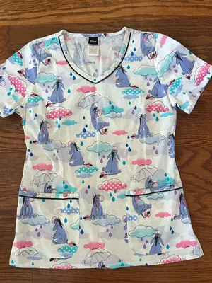 Disney Eeyore Sunshower Womens Scrub Top V-Neck Short Sleeve Pockets Size Small thumbnail 7
