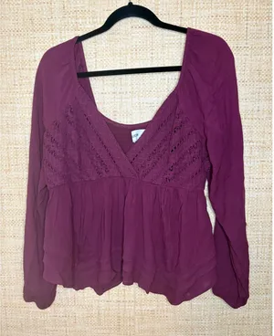 Hollister Burgundy Crochet Lace Smocked Back Babydoll Top XL Long Sleeve Plum thumbnail 1