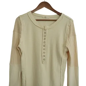 Oli & Hali Size Medium Cream Mixed Media Waffle Knit Henley Top Boho Grunge thumbnail 2