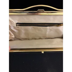 Vintage Black Satin Evening Clutch‎ Bag Gold Tone Frame Wavy Top Bar Formal thumbnail 4