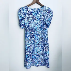 Lilly Pulitzer Haydn Mini Dress Short Puff Sleeve Blue Oceanscape Print Pink XS thumbnail 4