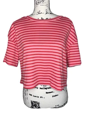 Missguided Striped Waffle Knit Crop Top Tee Womens MED Pink Red Short Sleeve Boxy thumbnail 3