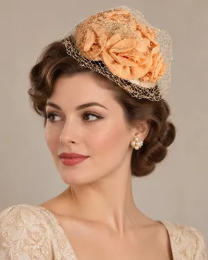Vintage Peach Floral Veiled Half Hat Fascinator NWOT thumbnail 1
