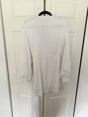 NWT Showpo Claudilyn Drape Long Sleeve Faux Wrap Mini Dress White Sequins US 6 thumbnail 11
