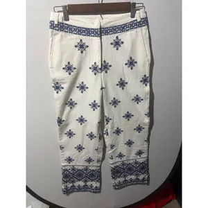 Mango White Blue Geometric Embroidered Wide Leg Cropped Pants Size‎ 4 NWT thumbnail 3
