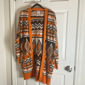 Serra Aztec Southwestern Geometric Open Front Cardigan Orange Black XL thumbnail 2