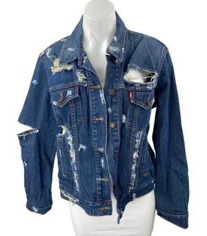 Levi's Blue Dark Wash Distressed Long Sleeve Button Down Denim Jeans Jacket Sz L thumbnail 1