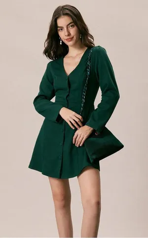 RIHOAS The Green V Neck Button Shirt Mini Dress S thumbnail 1