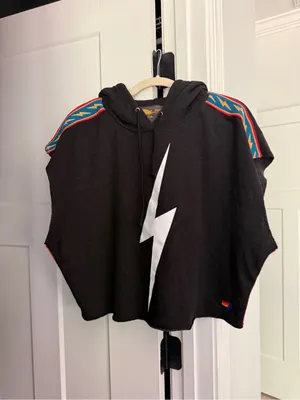 Aviator nation BOLT STRIPE SLEEVELESS RELAXED CROPPED PULLOVER HOODIE BLACK thumbnail 2