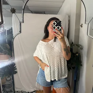 Free People Crochet Knitted V-Neck Poncho Beach Coverup Top White thumbnail 2