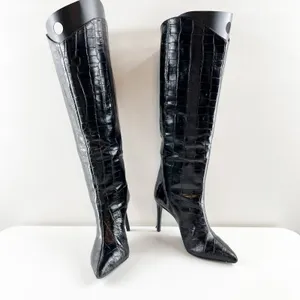 Schutz Maryana Knee High Croc Embossed Stiletto Heel Boots Black 6 thumbnail 10