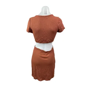 Abercrombie & Fitch Rust Brown Short Sleeve V Neck Rib Knit Cutout Mini Dress M thumbnail 4