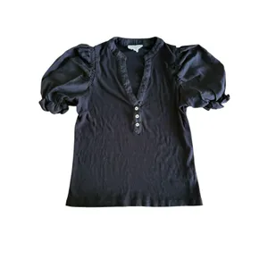 Tuckernuck Pomander Place Livia Top Small Black Henley Puff Sleeve Knit Ribbed thumbnail 4