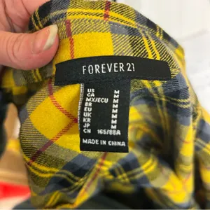 Forever 21 Yellow Plaid Cropped Flannel Distressed Grunge Button Up Size Medium thumbnail 6
