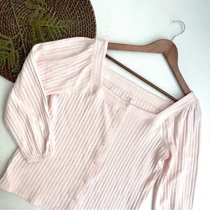 Loft Womens Shirt Pastel Pink Ribbed Square Neck Milkmaid Button Up Size Medium thumbnail 1