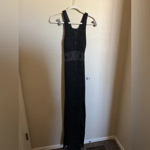 American Vintage Vintage 90s Y2K Silk Beaded Prom Gown‎ Dress Sz XS High Neck Open Back thumbnail 2