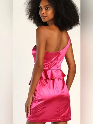Lulu's Hot Pink One-Shoulder Satin Peplumi Mini thumbnail 2