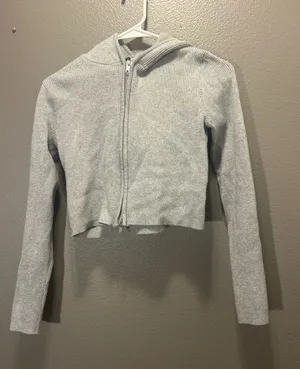 Brandy Melville Heather Gray Ribbed Knit Full Zip Cropped Hoodie Sweater OS thumbnail 1