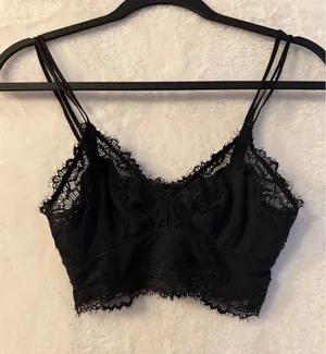 Aerie Black Lace Bralette Womens Small Ribbed Eyelash Trim Longline Crop Top thumbnail 1