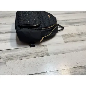 Black Nylon Mini Backpack Quilted Gold Studded Small Travel Bookbag Gold Hardwar thumbnail 4