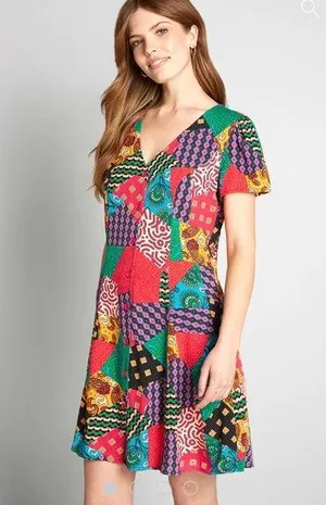 Dangerfield x ModCloth patchwork multi button front viscose dress, size 14 XL thumbnail 1