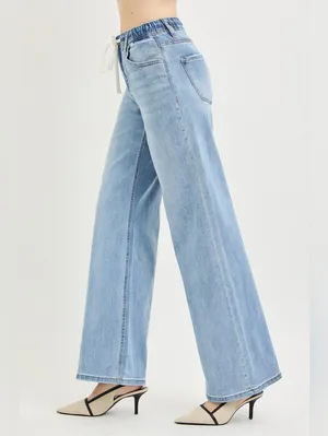 RISEN Light Wash Wide Leg Jeans Elastic Cinch Tie Waist Slouchy Various NEW thumbnail 8
