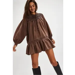 Free People Bohemian Marty Smocked Mini Dress Brown Bear Sweatshirt Tunic Medium thumbnail 4