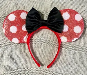 Disney Minnie Mouse Ears Red Polka Dots Sequin Black Bow Headband thumbnail 1