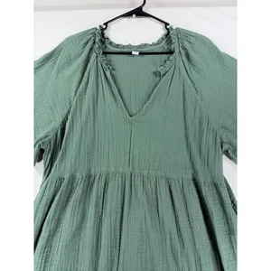 Old Navy Sage Green Gauze Babydoll Mini Dress XL V-Neck Short Sleeve Pockets thumbnail 4
