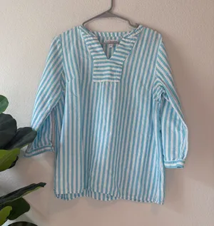 Kim Rogers Blue & White Striped V-Neck linen and cotton Top thumbnail 1