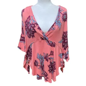 Free People Maui Wowie Pink Paisley Boho Top XS Oversized Flowing Side Ties thumbnail 5
