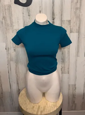 Popular Basics Popular 21 Seamless Ribbed Mock Neck Crop Top Womens S/M Teal Blue Short Sleeve thumbnail 1