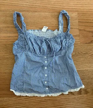 Frankie's Bikinis Blue Gingham Smocked Cami Top with Lace Trim thumbnail 1