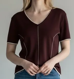 FINITY Women's Brown Knit V-Neck Short Sleeve‎ Top Size L Contrasting Trim thumbnail 1