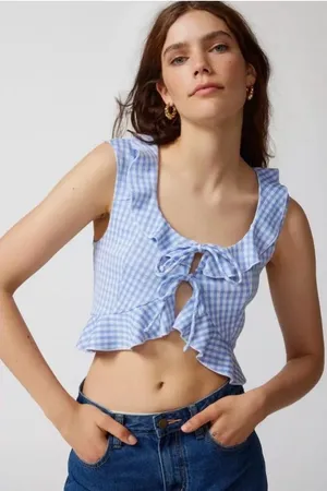 Urban Outfitters Light Blue Gingham Ruffle Tie-Front Crop Top thumbnail 1