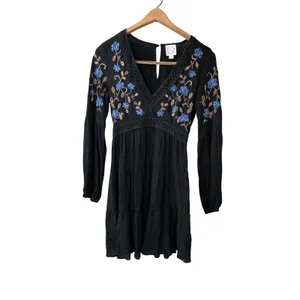 Blue Rain Black Floral Embroidered‎ Boho Tiered Mini Dress XS WS50897 thumbnail 8